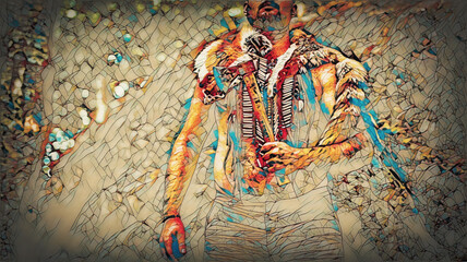  Shamanic man in the nature, Painting effect.