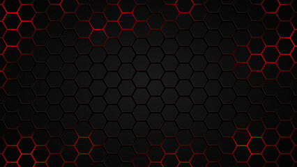 Abstract Futuristic background with hexagons . dark sci-fi hi-tech wallpaper with red lights .