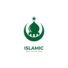 Wall Mural - simple green islamic logo design, modern islamic logo with mosque, moon and star shape vector