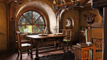 Fantasy Tiny Storybook Style Home Interior Cottage With Rustic Accents And A Large Round Cozy Window. 3d Rendering

