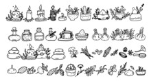 Ayurveda Doodle Icons Set, Ayurvedic Folk Medicine Items, Bottles, Herbal, Massage Bag, Mortar And Pestle, Candle, Spa Hot Stones Massage. Vector Illustrations Of Ayurveda Elements Isolated On White