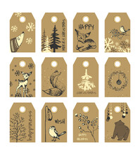 Set Of 12 Christmas Stickers Set Of 12 Christmas Labels, Bear, Fox, Bird, Plants, Deer, Fir Tree, Snow, Graphic Illustrations, Vector Hand Drawing On Brown Background, Vintage Retro Style