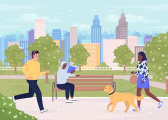 Canvas Print - City park with visitors flat color vector illustration. Dog walking. Sustainable neighborhood. People enjoying weather in green space 2D simple cartoon characters with cityscape on background