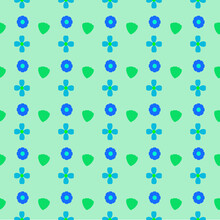 Seamless Pattern Of Blooming Blue, Green Flowers On A Green Background With A Vector Style.