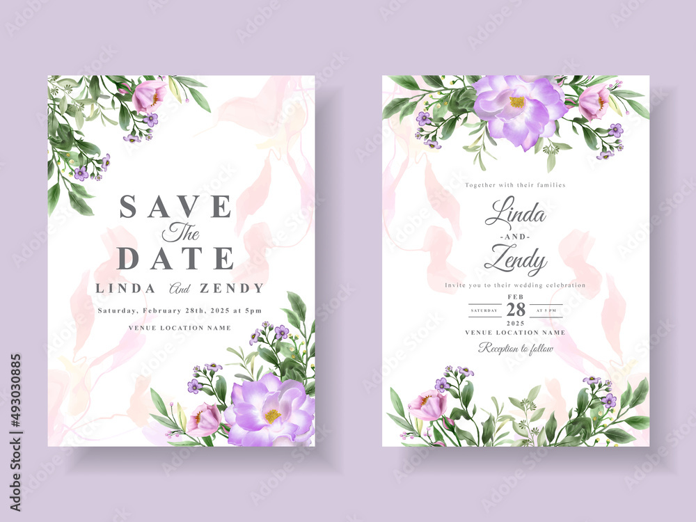 Beautiful purple flowers wedding invitation card template Stock Vector ...