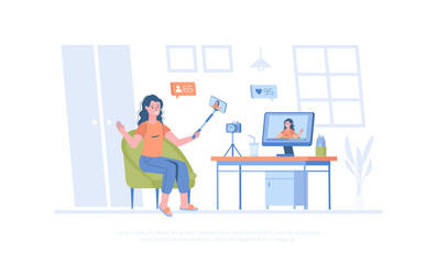 Wall Mural - Video blogging, broadcasting, live streaming. Young woman shoots video on phone using selfie stick. Cartoon modern flat vector illustration for banner, website design, landing page.