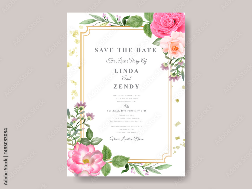 Beautiful pink flowers wedding invitation card template Stock Vector ...