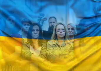 Wall Mural - Crowd of activists protesting against Russian military invasion in Ukraine walking in street.