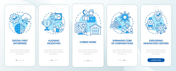 Wall Mural - Trends in enterprise blue onboarding mobile app screen. Business walkthrough 5 steps graphic instructions pages with linear concepts. UI, UX, GUI template. Myriad Pro-Bold, Regular fonts used