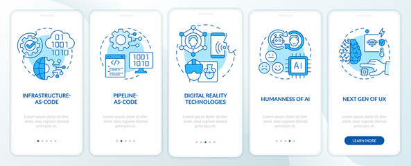 Tech macro trends blue onboarding mobile app screen. Digital systems walkthrough 5 steps graphic instructions pages with linear concepts. UI, UX, GUI template. Myriad Pro-Bold, Regular fonts used