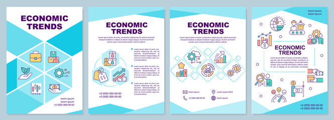 Economic trends blue brochure template. Business processes. Leaflet design with linear icons. 4 vector layouts for presentation, annual reports. Arial-Black, Myriad Pro-Regular fonts used