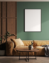 Poster Frame Mock-up In Home Interior Background With Bright Sofa, Green Wall, Table And Decor In Living Room, 3d Render