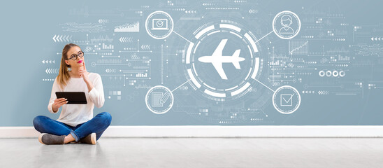 Wall Mural - Flight ticket booking concept with young woman holding a tablet computer