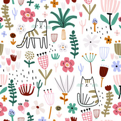 Wall Mural - Seamless childish pattern with СЃute hand drawn cats and flowers. Kids texture for fabric, wrapping, textile, wallpaper, apparel. Vector illustration