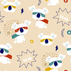 Wall Mural - Seamless pattern with cute koala super hero. Creative childish texture in scandinavian style. Great for fabric, textile Vector Illustration