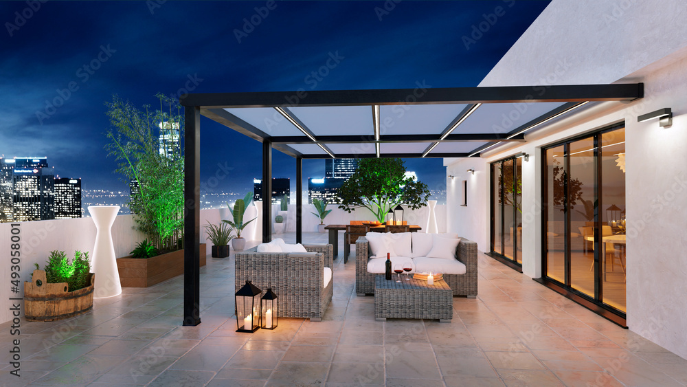 3D Illustration of top floor apartment patio with pergola at twilight ...