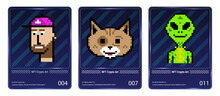 Pixel Arts NFT In Card Collection. Banner Non-fungible Token With Cryptocurrency NFT Cards. 3D Hologram CryptoArts Ticket With Neon And Squares Blockchain, ERC20, Ethereum. Non-fungible Token. Vector