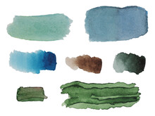 Watercolor Stains: Green, Blue, Brown On A White Background