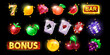 Casino slot game icon, vector gambling machine badge kit, fruit set, cards, bonus sign, golden chips coin. Vegas shiny UI design elements, lemon, strawberry, bar. Casino shiny icon collection on black