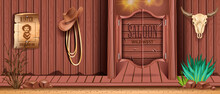 Western Saloon Door Vector Background, Old Retro Bar Wooden Entrance, Vintage Wild West Pub Banner. Texas Country Tavern Wall, Wanted Poster, Cow Skull, Cowboy Hat, Rope. Western Saloon Exterior