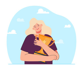 Wall Mural - happy cartoon woman hugging gold cup. female winner of competition holding award flat vector illustr