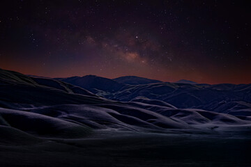 Wall Mural - Landscape with Milky Way. Night sky with stars on the mountain