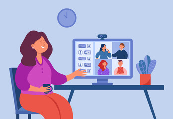 Wall Mural - Business person chatting with colleagues during videoconference. Virtual group meeting or conference via desktop computer flat vector illustration. Remote work, technology concept for banner