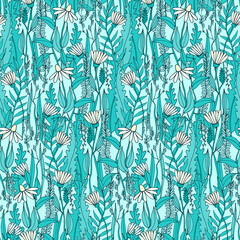  Seamless repeating pattern with vector illustrations of grasses gathered in blue-green-colored spots arranged in cascades