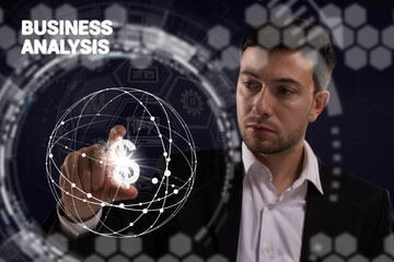 Business, technology, internet and network concept. Young businessman thinks over the steps for successful growth: Business analysis