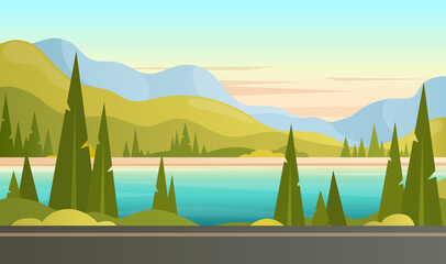 mountain landscape. vector illustration of sunset nature with river, lake, hills, forest, car. trave