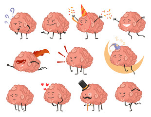 Brain character emotion. Intelligence emoji slipping loving or smiling illustration. Cute hero brain emoji isolated on white background. Funny cartoon emoticons