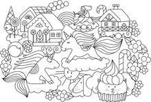 Coloring Page With Unicorns In Sky. Sweet Home, Lollipops And Candy City On Clouds. Colouring Book. Worksheet For Kids.
