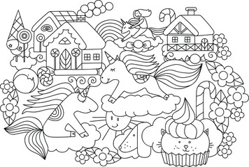 Coloring page with unicorns in sky. Sweet home, lollipops and candy city on clouds. Colouring book. Worksheet for kids.