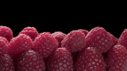 Wall Mural - Close-up of a bunch of ripe raspberries on a black background. juicy tasty berries.