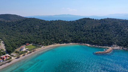 Aerial drone photo of Kanakia beach with crystal clear turquoise sea ideal for quiet vacation close to Athens, Salamina island, Saronic Gulf, Greece