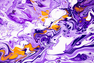 Wall Mural - Fluid art texture. Backdrop with abstract mixing paint effect. Liquid acrylic artwork that flows and splashes. Mixed paints for background or poster. Violet, white and golden overflowing colors.