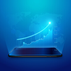 Wall Mural - development to success concept. infographic with 3d phone. marketing diagrams and charts on smartpho