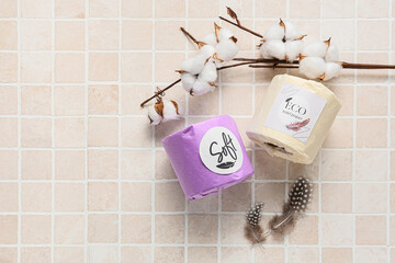 Toilet paper rolls with cotton flowers and feathers on light background