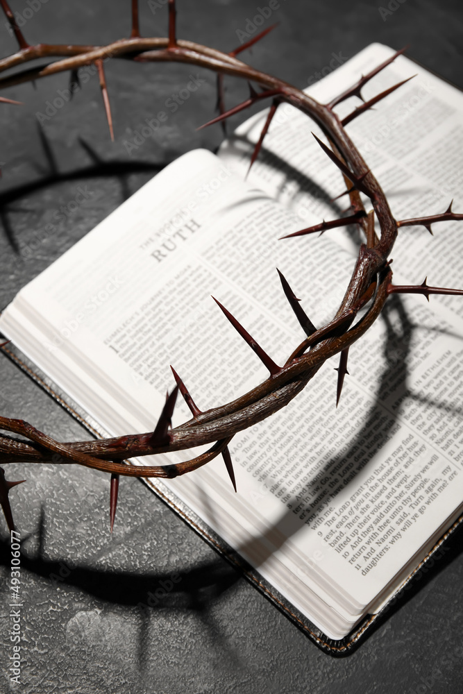 Crown of thorns with Holy Bible on dark background