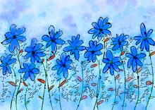 Blue Periwinkle Field Of Flowers Illustration, Handpainted Floral Image