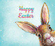 
Banner, poster and card template with an Easter bunny. Colorful illustration of an Easter rabbit. Lovely graphics with a rabbit. Greetings and presents for Easter Day in art styling. 