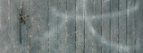 Fototapeta  - Naturalne Tło starych obdartych z farby drzwi z drewnianych desek. Detal zakrzywionego skorodowanego gwoździa. Panorama
