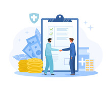 Health Insurance Concept. Men Enter Into Contract, Health Care. Mandatory Documents, Protection And Medicine. Poster Or Banner For Website, Agent And Client. Cartoon Flat Vector Illustration