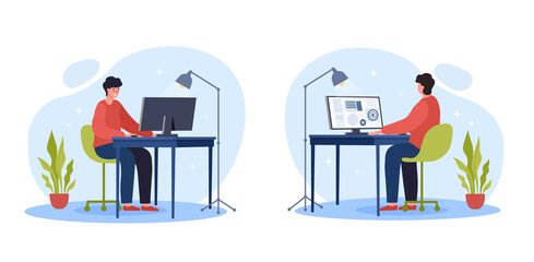Wall Mural - work on computer. programmer and freelancer, workplace employee. modern technologies, character in o