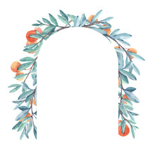 Arch Frame Of Twigs With Green Leaves, Pale Pink Flowers And Juicy Orange Orange Fruits. Painted In Watercolor, Isolated On A White Background. For Cards, Wedding Invitations, Notebooks, Scrapbooking