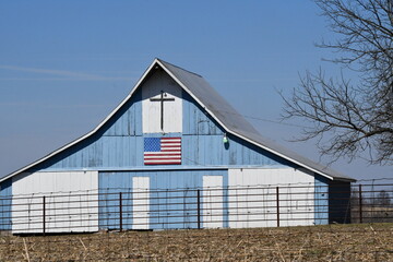 Sticker - Blue Barn with a Cross and an American Flag