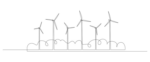 Wall Mural - Wind turbines and windmills with bushes at village in one continuous line drawing. Green energy and renewable source of power concept in simple linear style. Web banner. Doodle Vector illustration