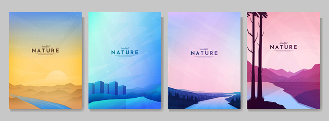Wall Mural - Vector illustration. Abstract background set. Minimalist style. Flat concept wallpapers. Landscape collection. Design for poster, book or magazine cover, layout, brochure. Nature scene with clear sky