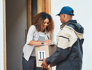 Poster - Right on time, every time. Shot of a young woman signing for her delivery from the courier.