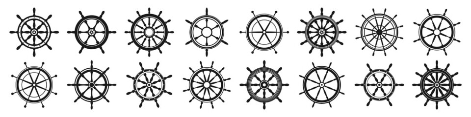 Collection of vintage steering wheels. Ship, yacht retro wheel symbol. Nautical rudder icon. Marine design element. Vector illustration